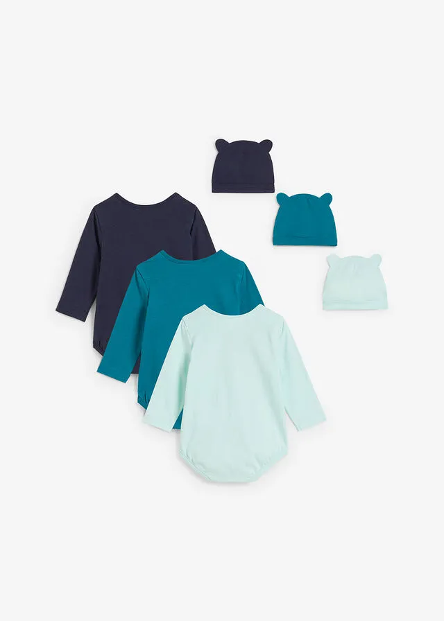 BODY PARA BEBéS CON GORRO DE ALGODóN ORGáNICO (3 UNIDADES) AZUL MARINOTURQUESA COBALTOMENTA PASTEL